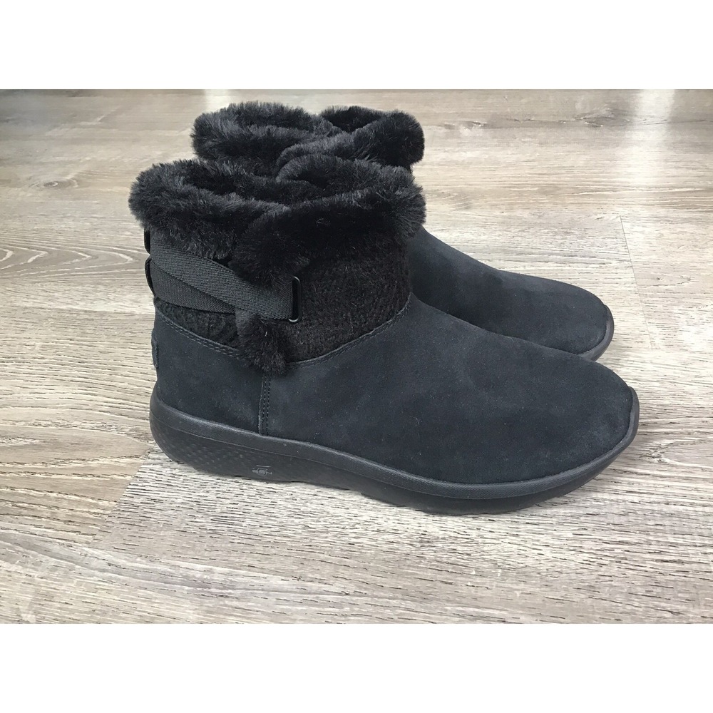 Skechers Womens Size 9 On the Go Joy Suede Ankle Boots Faux Fur Black 144445